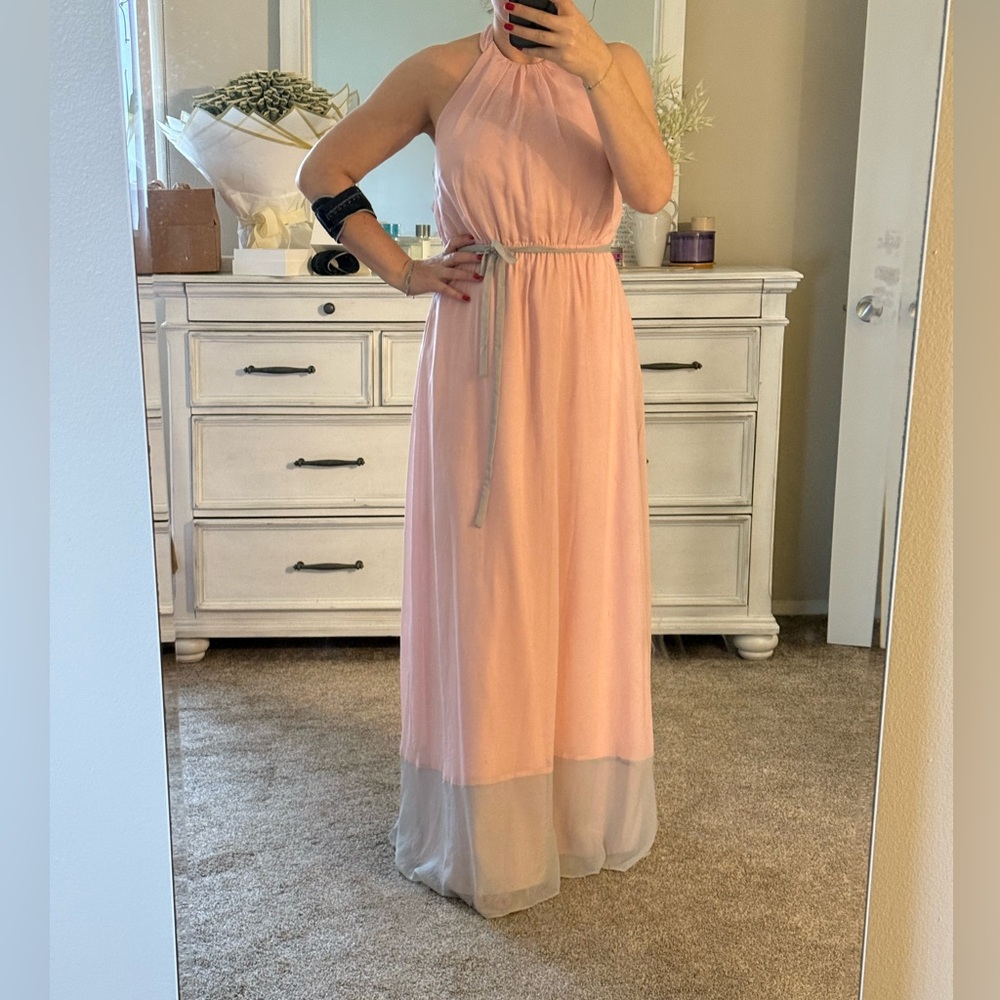 Jessica Simpson Long Maxi Chiffon Halter Dress Peach Rose Gray Women's M
